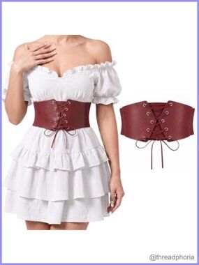 Wide Elastic Corset Belt Faux Leather Lace-Up Waspie Waist Belt